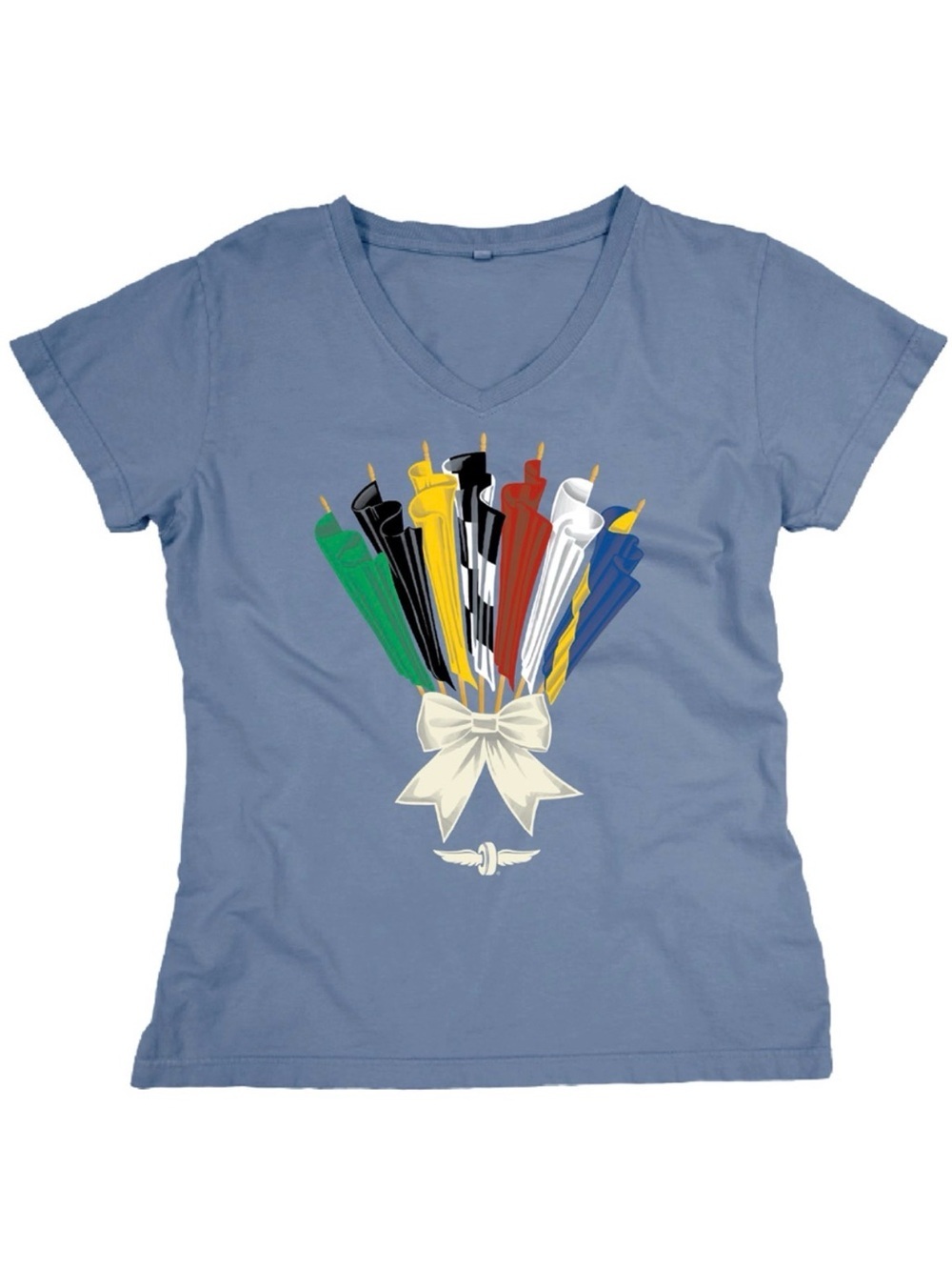 Indianapolis Motor Speedway Flag Bouquet Ladies T-Shirt Blue V-Neck Tee Candle M